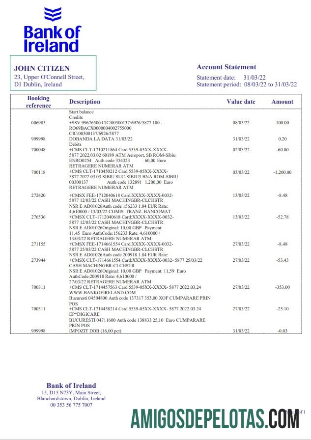 Ireland Bank Of Ireland Statement amostra